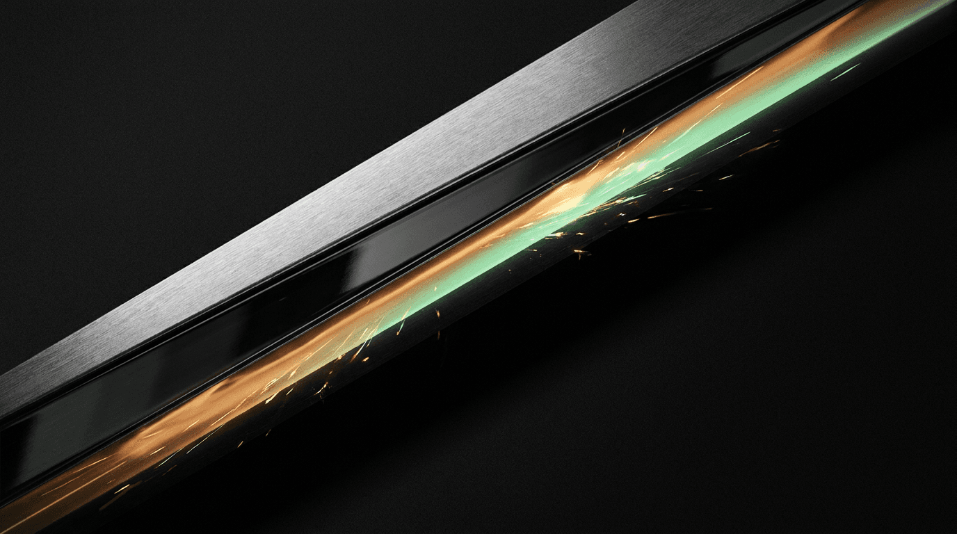Abstract art: a bold diagonal blade with a molten amber-to-mint energy edge — iCubeLabs' value of boldness
