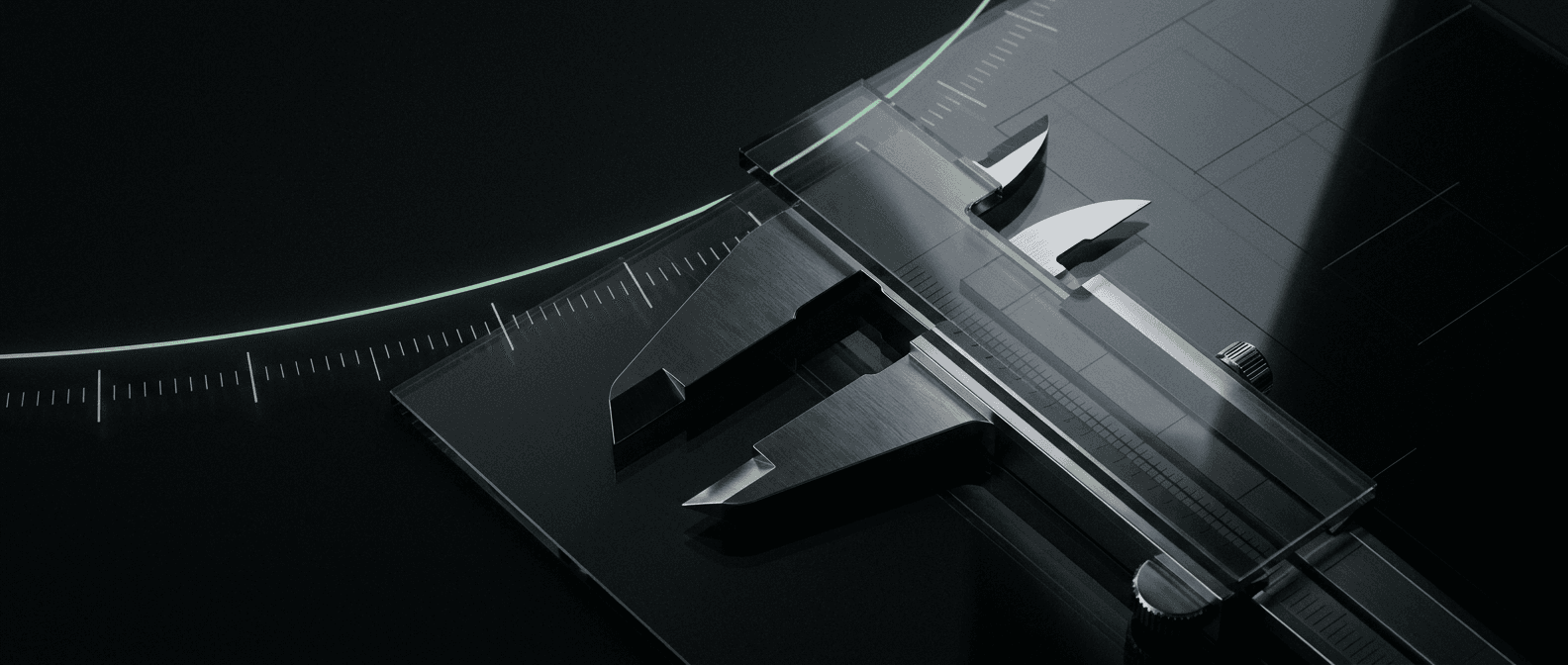 Abstract art: a precision caliper measuring against a sage-green arc — iCubeLabs' value of precision