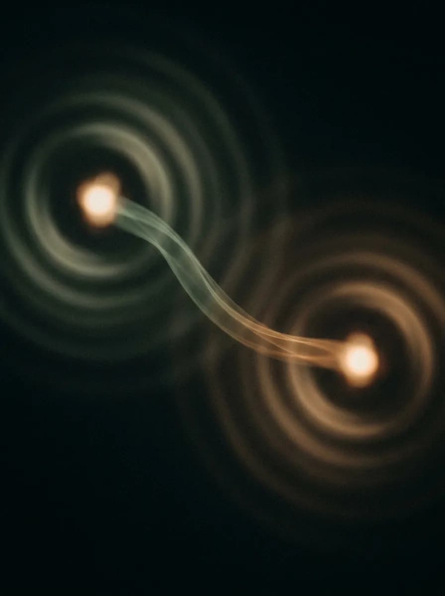 Abstract art: two points of light connecting across space with a sage-to-amber thread — reaching out to iCubeLabs