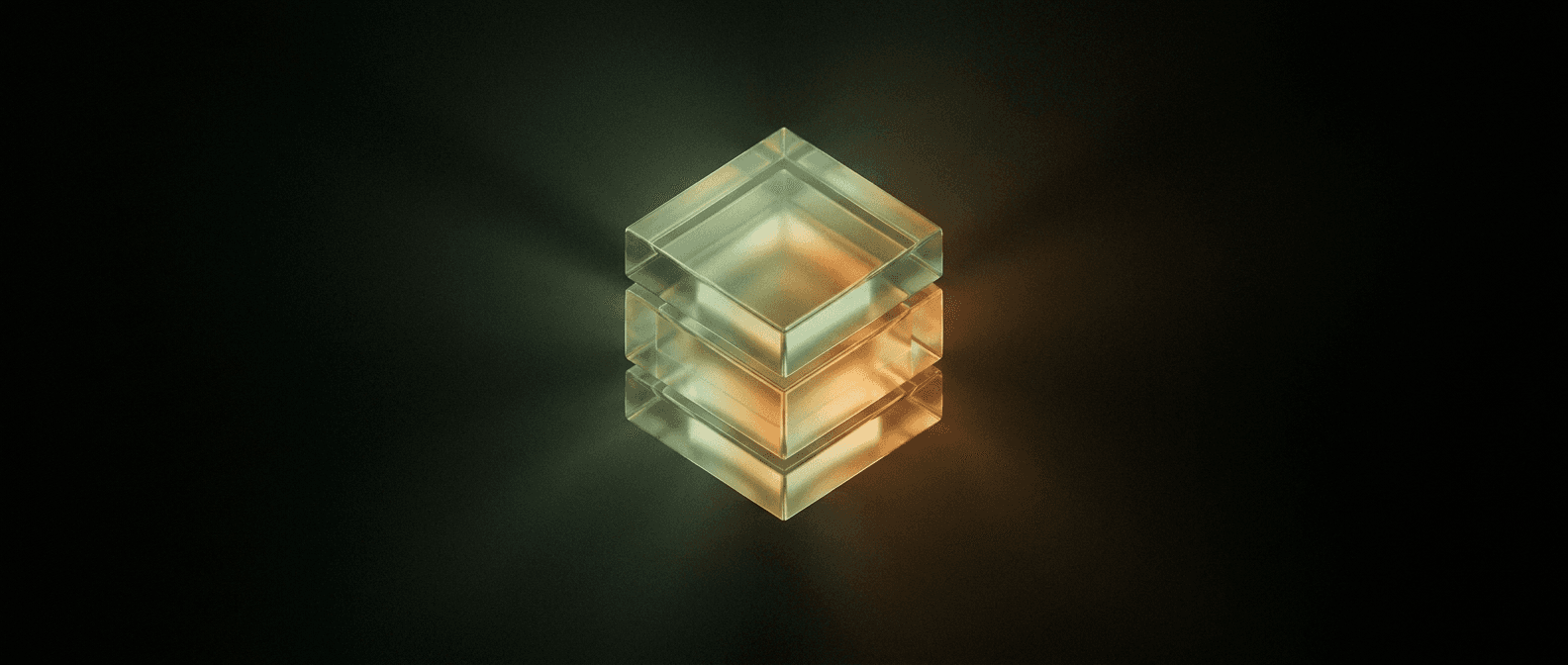 iCubeLabs flagship brand story — a glass cube refracting the brand's sage-to-amber spectrum