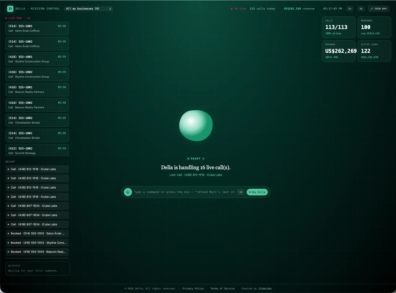 Della Mission Control dashboard handling 16 live calls across nine businesses
